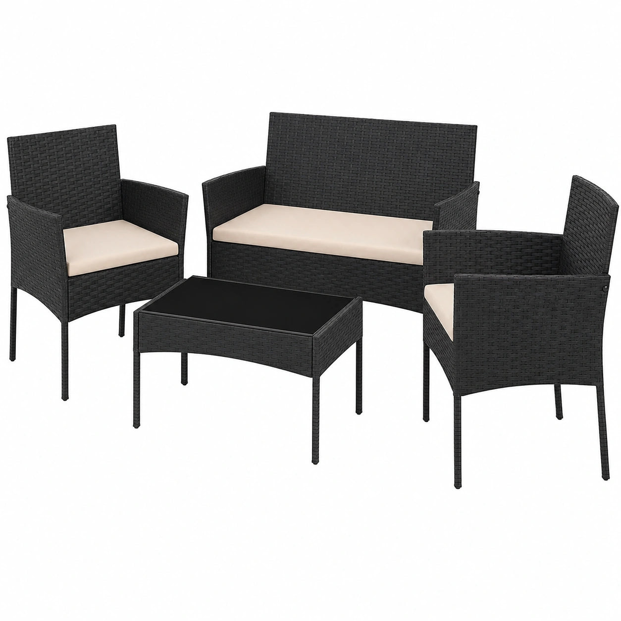 Ensemble de Jardin en Rotin avec Fauteuils et Canapé, Table Basse en Verre
