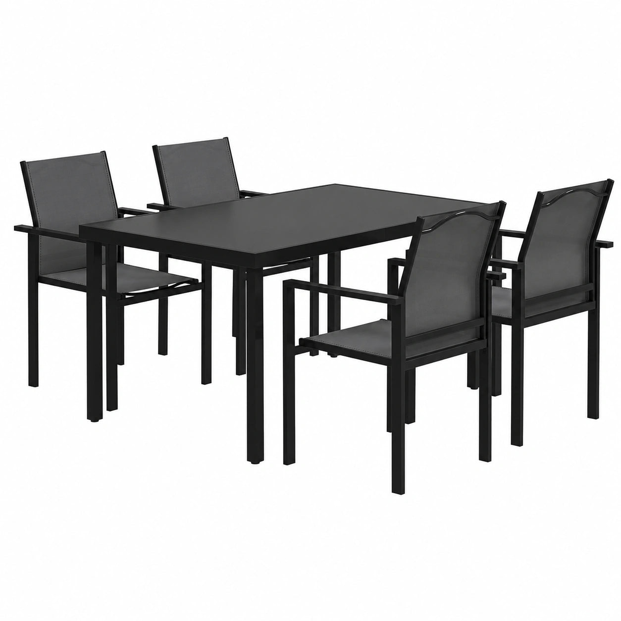 Ensemble de Jardin pour 4 Personnes avec Table et Chaises Empilables, Plateau en Verre Trempé 140 cm, Noir
