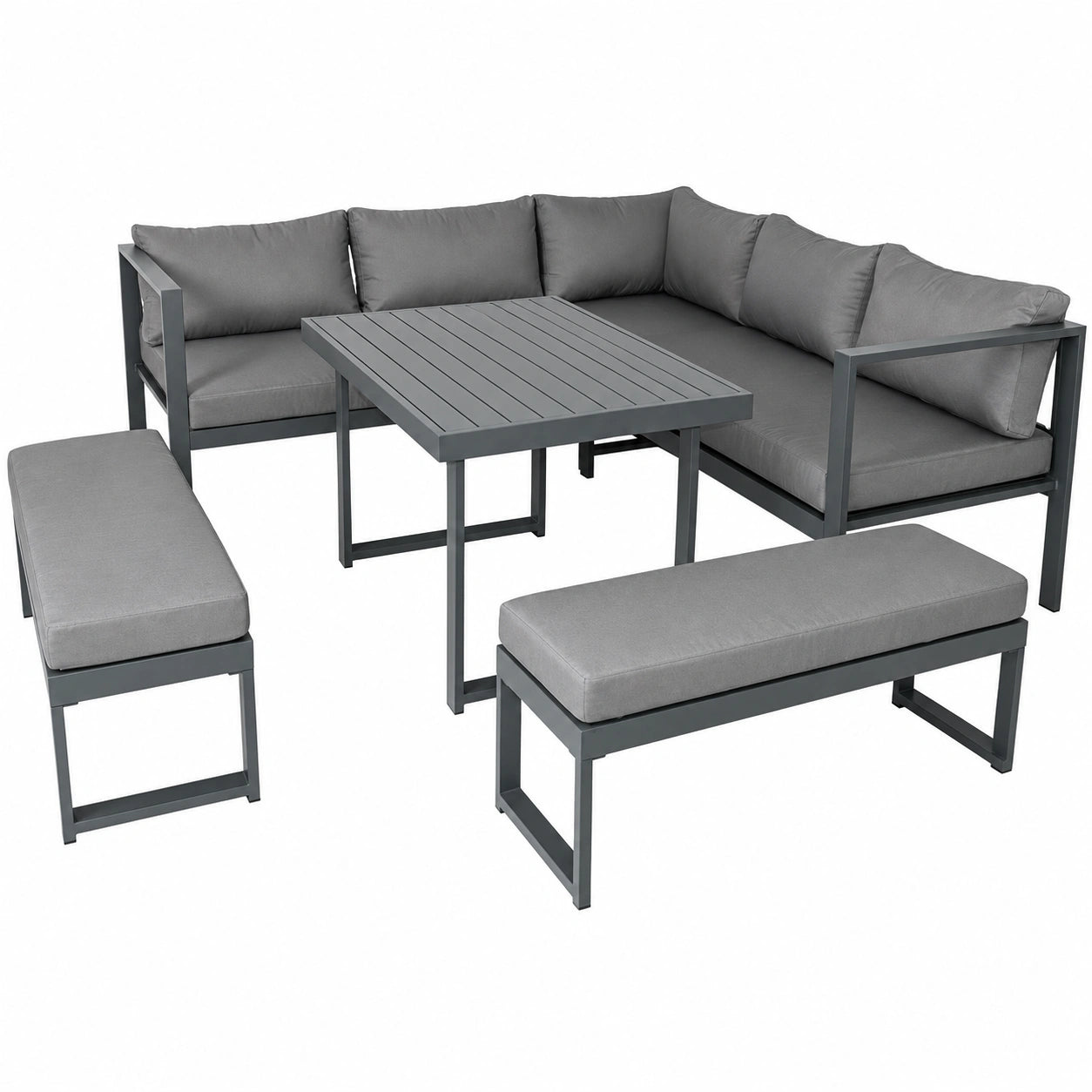 Ensemble de Jardin 9 Places avec Canapé et Bancs, Acier Gris Foncé, Résistant aux Intempéries