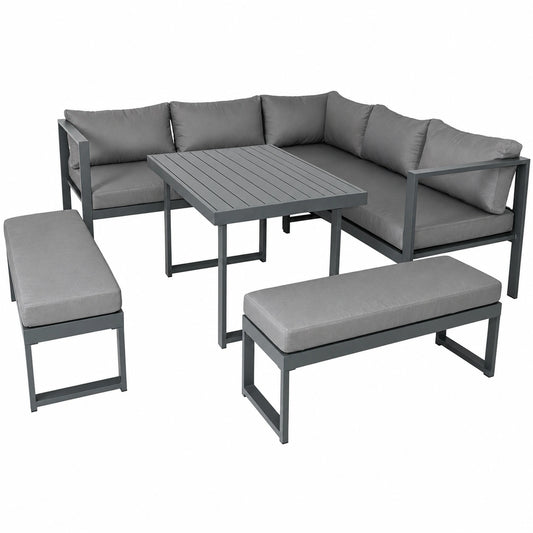 Ensemble de Jardin 9 Places avec Canapé et Bancs, Acier Gris Foncé, Résistant aux Intempéries