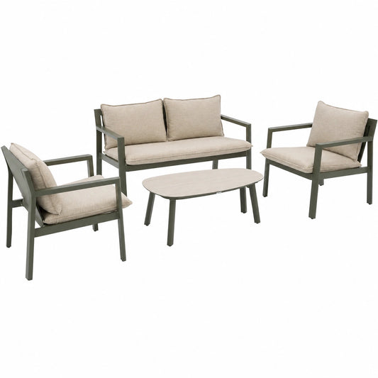 Salon de Jardin 4 Places Vert, Fauteuils Empilables, Aluminium Résistant