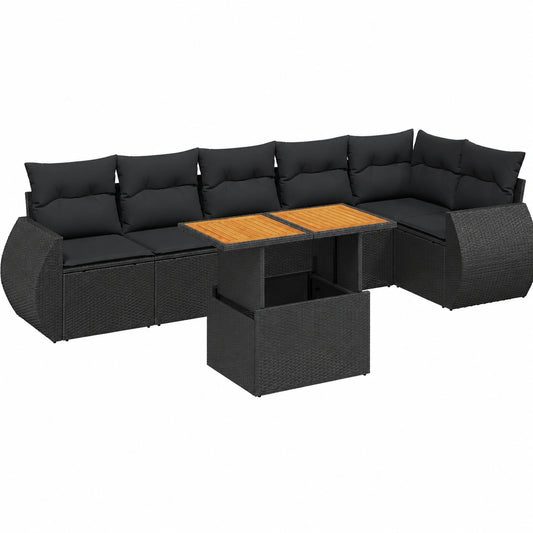 Ensemble de Salon de Jardin avec Coussins - 7 pièces, Résine Tressée Noire