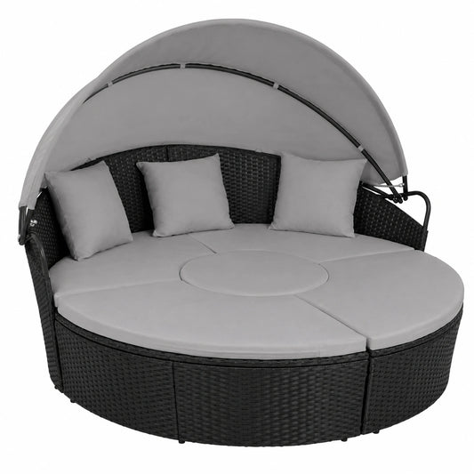 Chaise Longue de Jardin en Résine Tressée avec Coussins et Pare Soleil