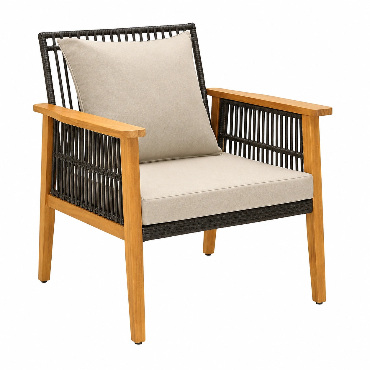 Ensemble de Jardin en Rotin 5 Pièces avec Cadre en Acacia et Coussins Confortables