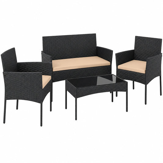 Ensemble de Salon de Jardin 4 Pièces en Résine avec Table Basse en Verre et Coussins Amovibles