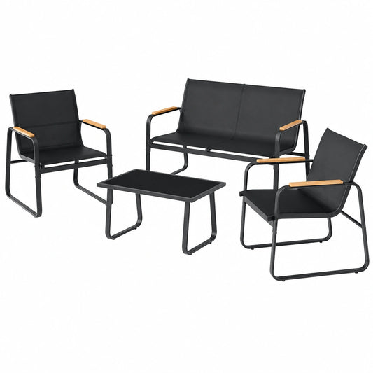 Ensemble de Salon Extérieur 4 Personnes, Mobilier de Balcon Métal et Textilène avec Table Verre