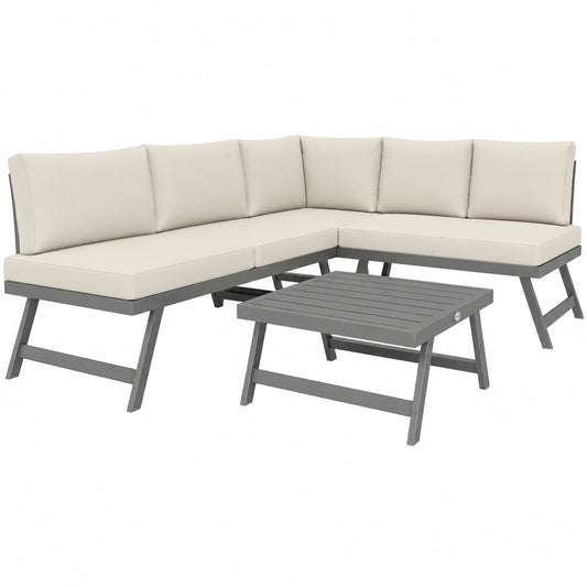 Ensemble de Salon de Jardin Extérieur 4 Pièces avec Banquettes et Table Basse, Mobilier pour Terrasse, Beige
