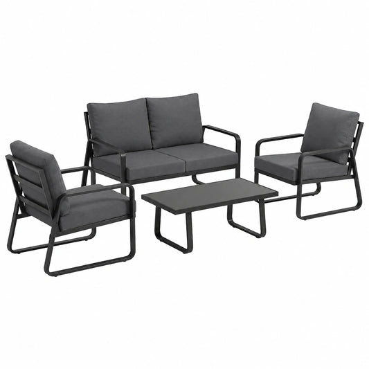 Ensemble de Jardin 4 Pièces avec Coussins Épais et Table Basse en Verre Trempé