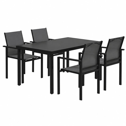 Ensemble de Jardin pour 4 Personnes avec Table et Chaises Empilables, Plateau en Verre Trempé 140 cm, Noir
